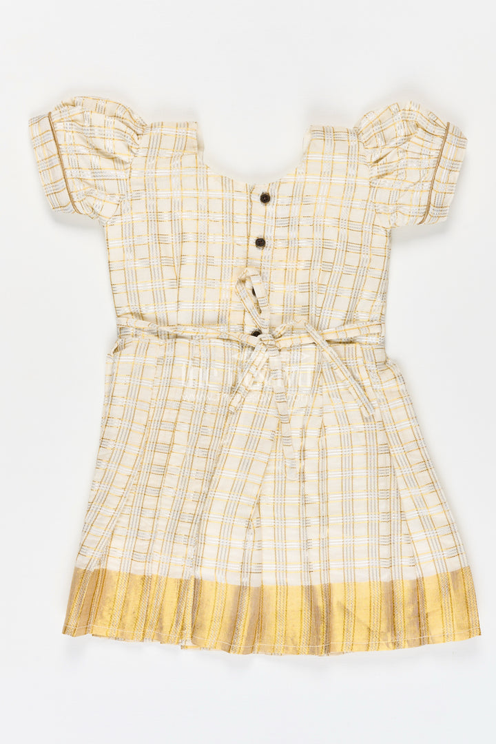 Girls Short Frocks for Party in Beige Silk with Gold Bow Embellishment and Checked Pleated Design