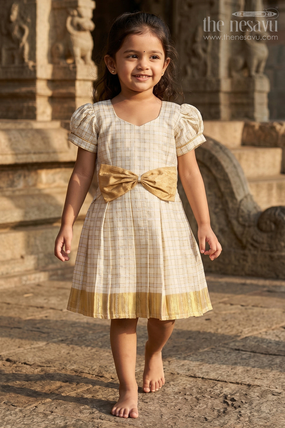 Girls Long Frock Dress in Beige Silk with Bow Accent and Golden Checked Pattern