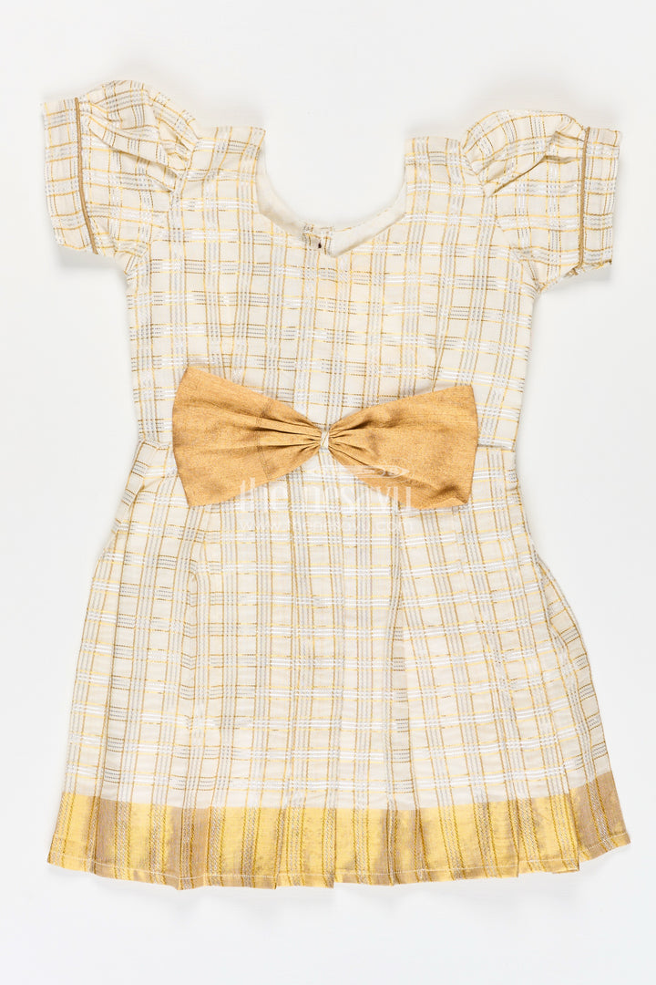 Girls Long Frock Dress in Beige Silk with Bow Accent and Golden Checked Pattern