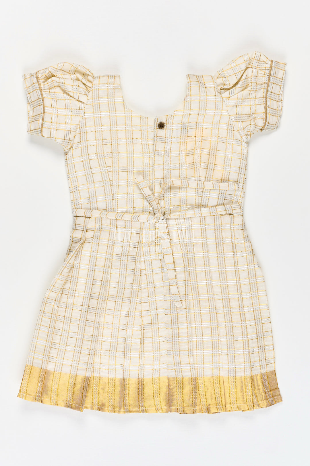 Girls Long Frock Dress in Beige Silk with Bow Accent and Golden Checked Pattern