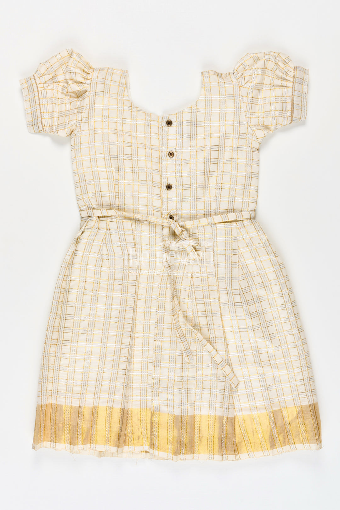 Girls Long Frock Simple in Beige Tissue Silk with Golden Pleats and Classic Bow Detail