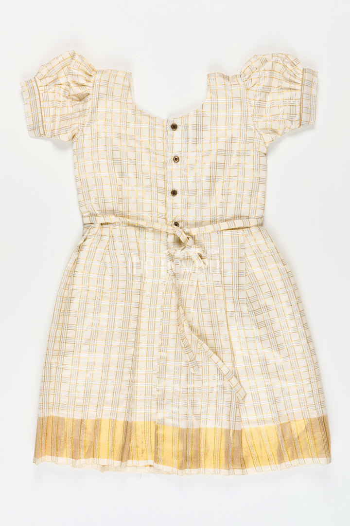 Girls Long Frock Simple in Beige Tissue Silk with Golden Pleats and Classic Bow Detail