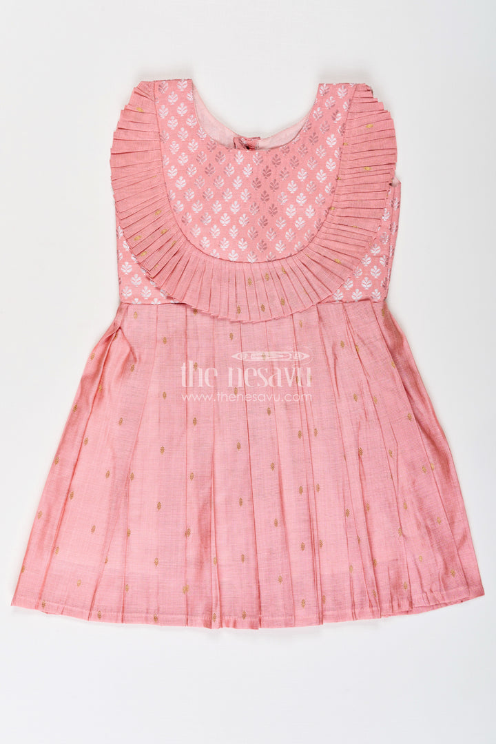 Girls Pattu Pavadai Model in Pink Viscose with Semi Banaras Yoke and Pleated Traditional Design