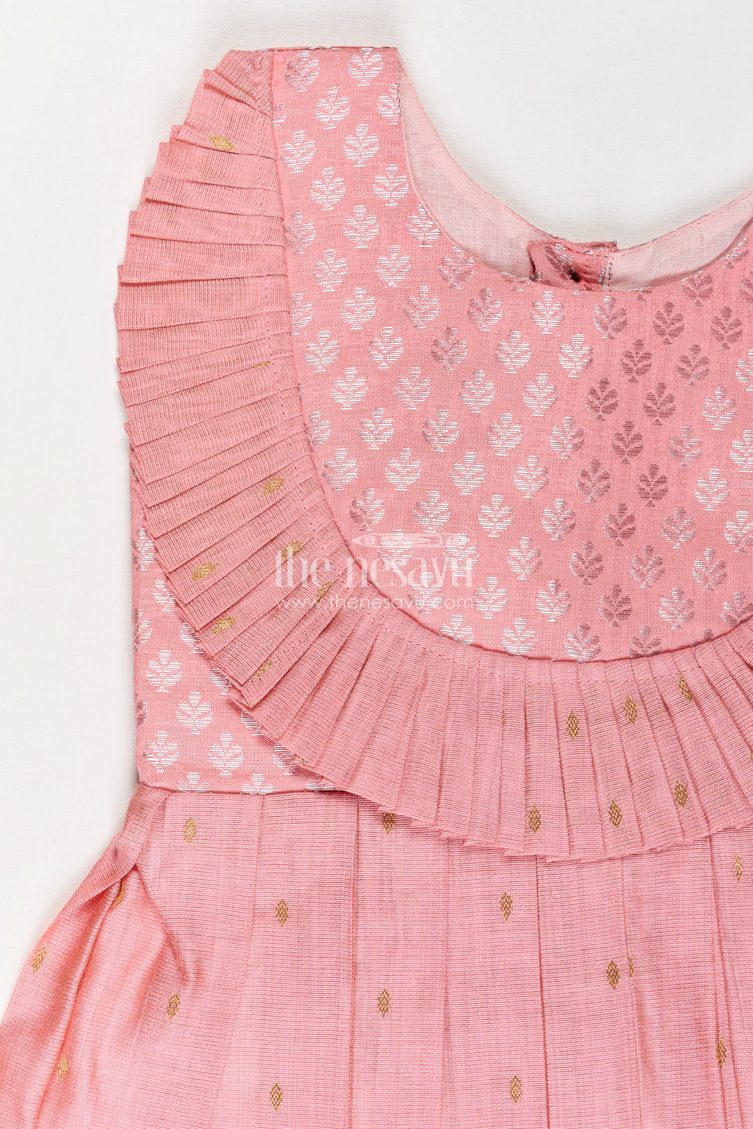 Girls Pattu Pavadai Model in Pink Viscose with Semi Banaras Yoke and Pleated Traditional Design