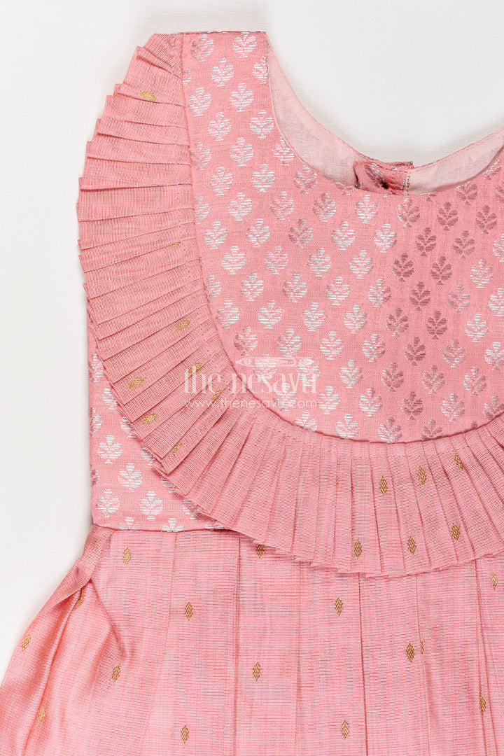 Girls Pattu Pavadai Model in Pink Viscose with Semi Banaras Yoke and Pleated Traditional Design