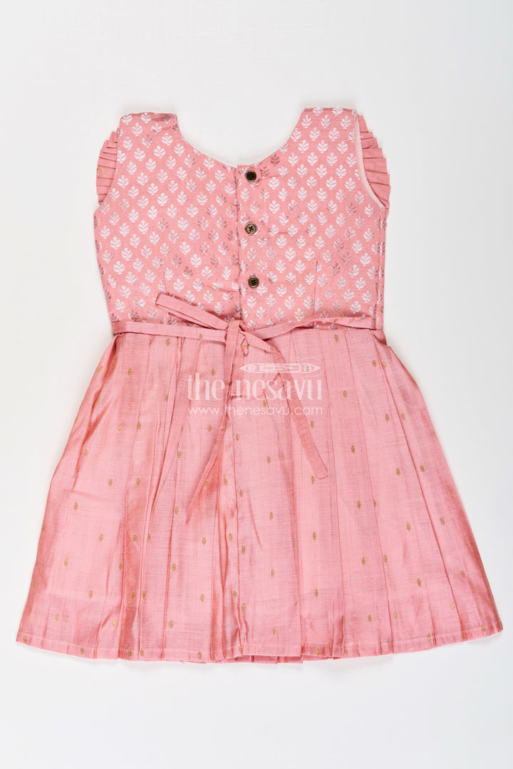 Girls Pattu Pavadai Model in Pink Viscose with Semi Banaras Yoke and Pleated Traditional Design