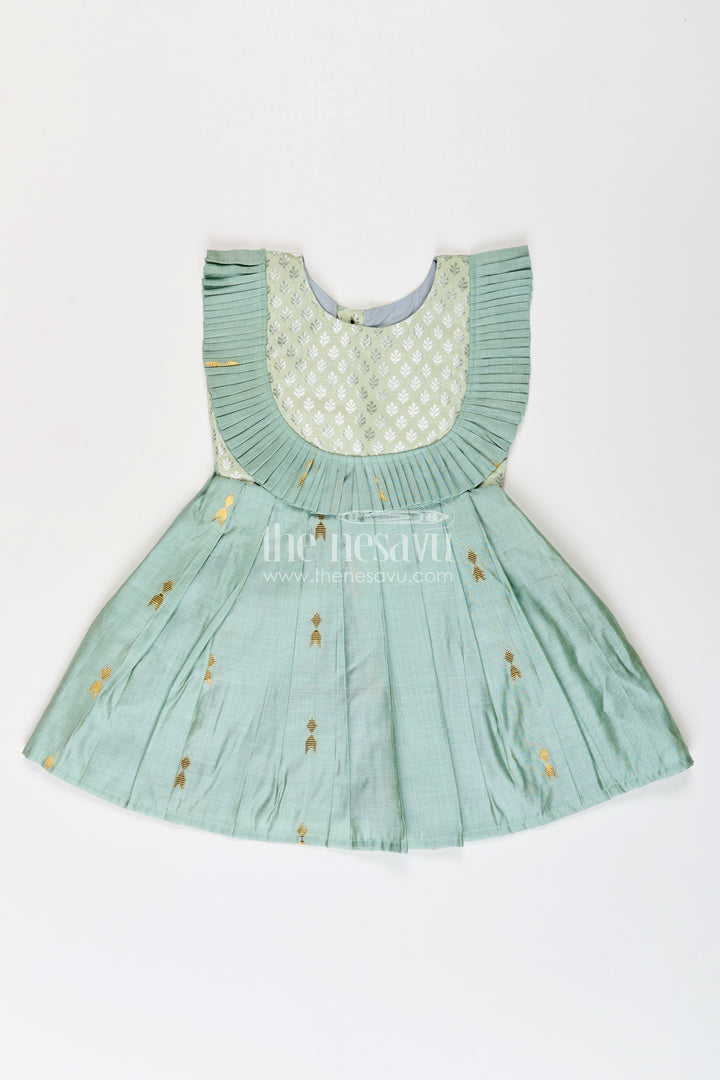 Girls Pattu Long Frocks Designs in Green Viscose with Semi Banaras Yoke and Pleated Details