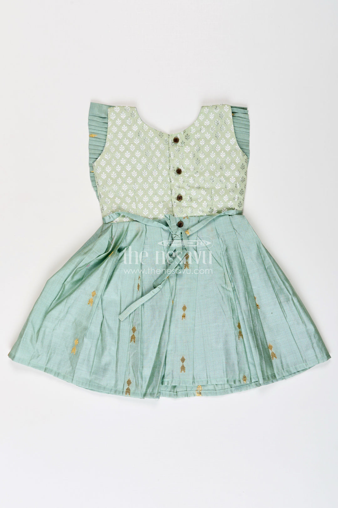 Girls Pattu Long Frocks Designs in Green Viscose with Semi Banaras Yoke and Pleated Details