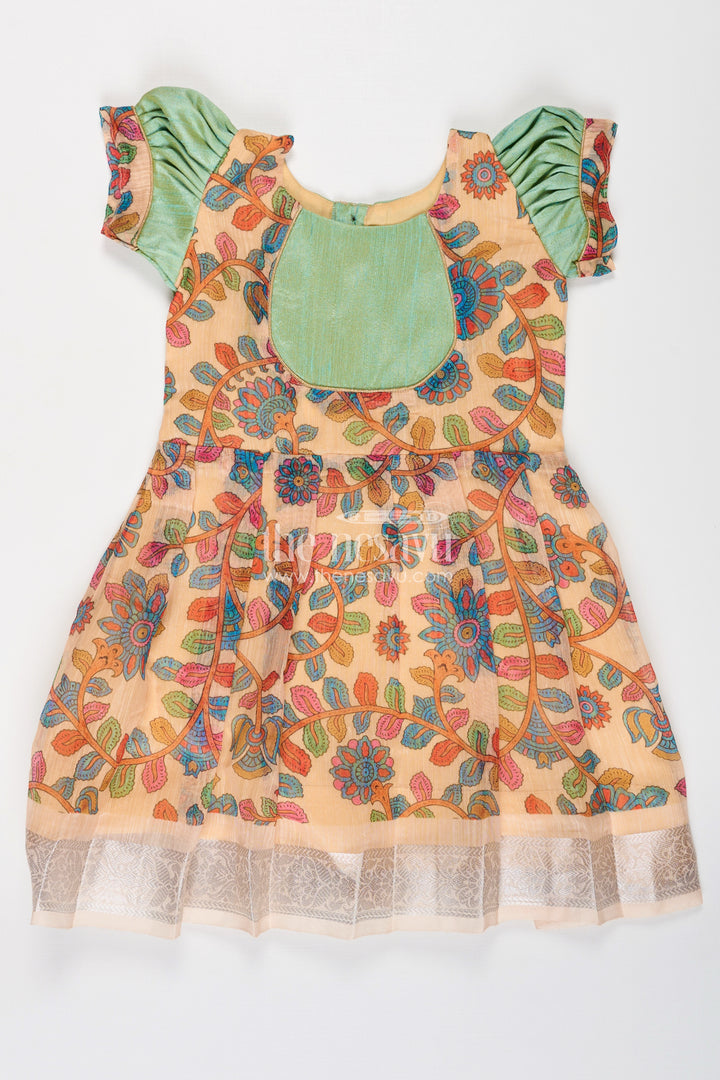 Girls New Dress Collection in Printed Chanderi Cotton with Raw Silk Yoke and Short Puff Sleeves