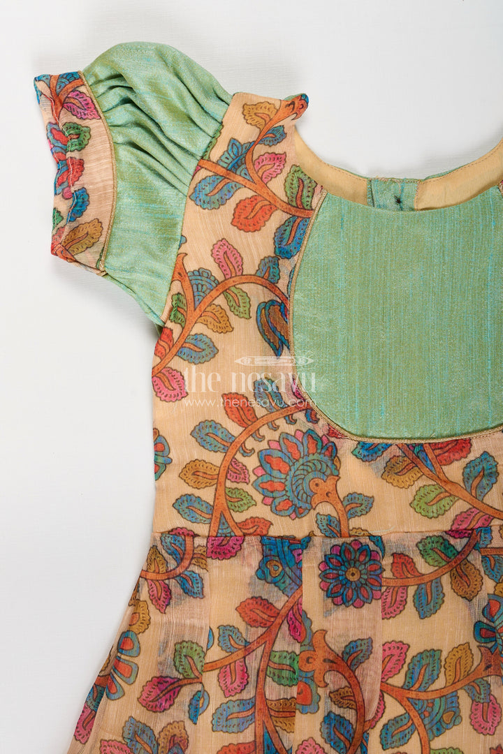 Girls New Dress Collection in Printed Chanderi Cotton with Raw Silk Yoke and Short Puff Sleeves