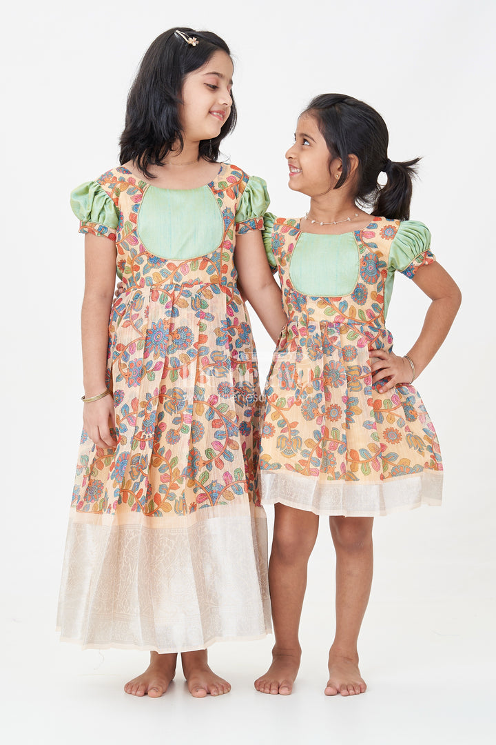 Girls New Dress Collection in Printed Chanderi Cotton with Raw Silk Yoke and Short Puff Sleeves