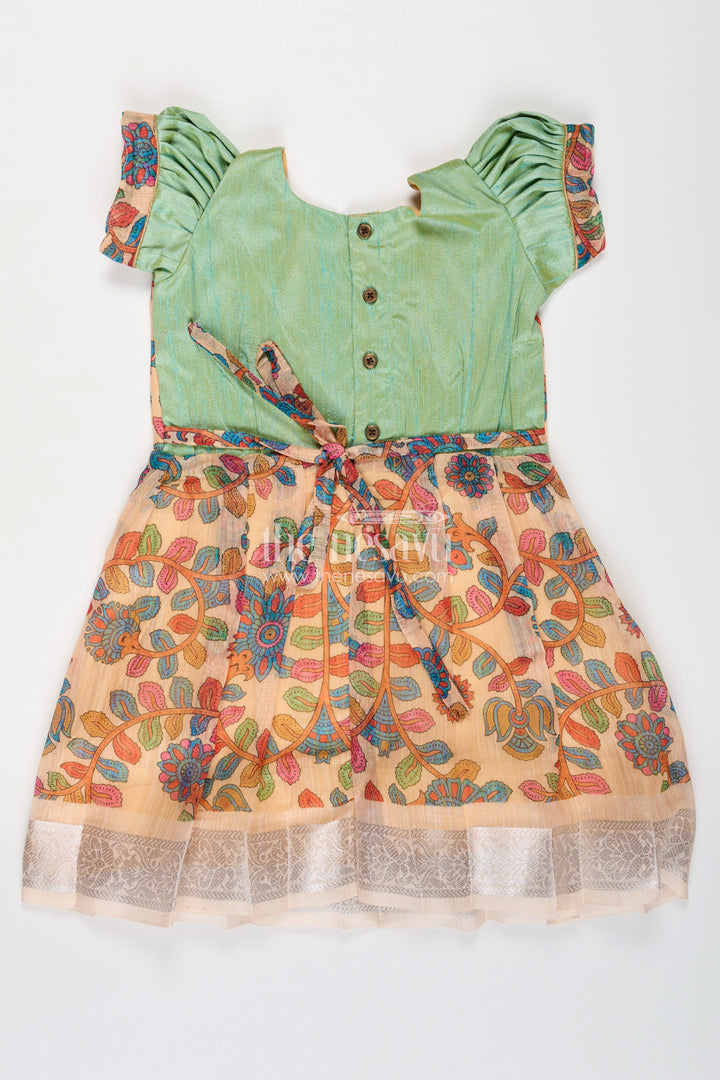Girls New Dress Collection in Printed Chanderi Cotton with Raw Silk Yoke and Short Puff Sleeves