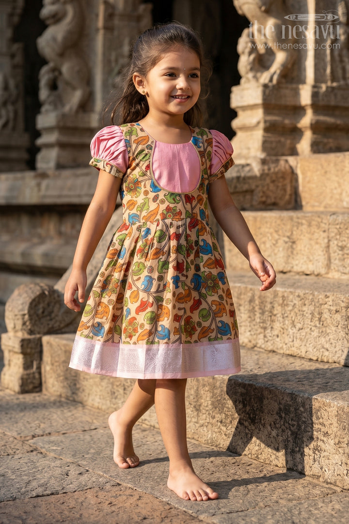 Girls Chanderi Cotton Fashion Dress with Pink Puff Sleeves and Colorful Floral Print for Everyday Charm