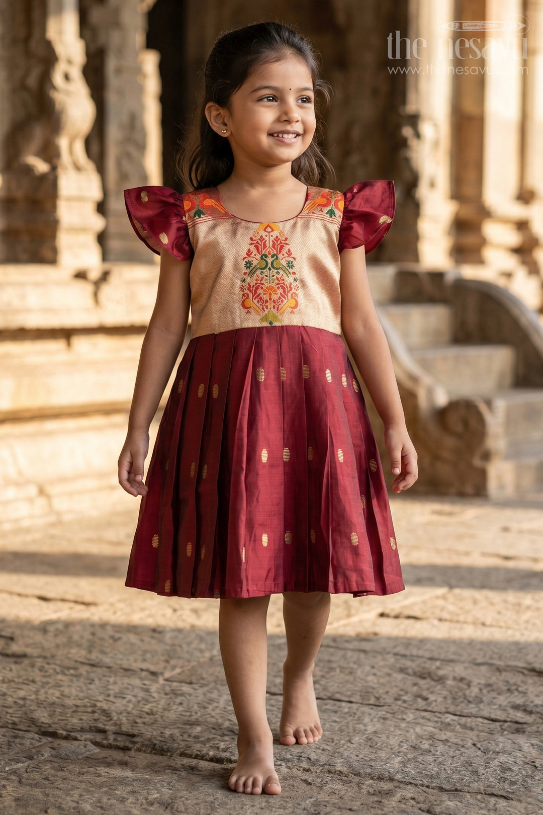 Frocks Silk Dress for Girls in Maroon Chanderi with Embellished Yoke and Paithani Border Details