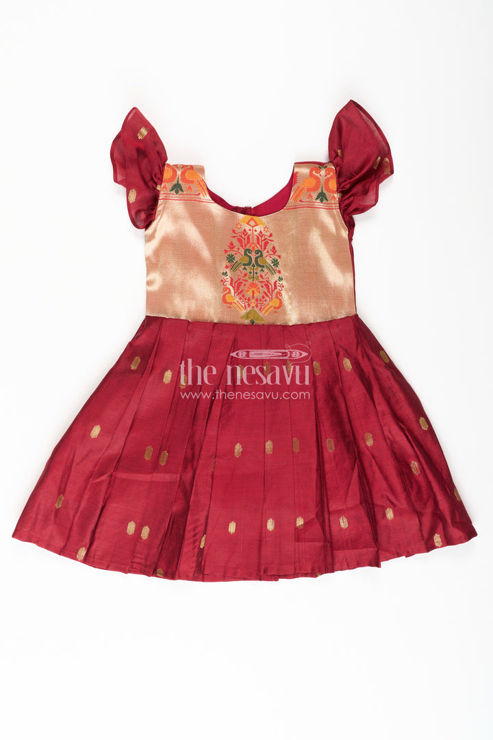 Frocks Silk Dress for Girls in Maroon Chanderi with Embellished Yoke and Paithani Border Details