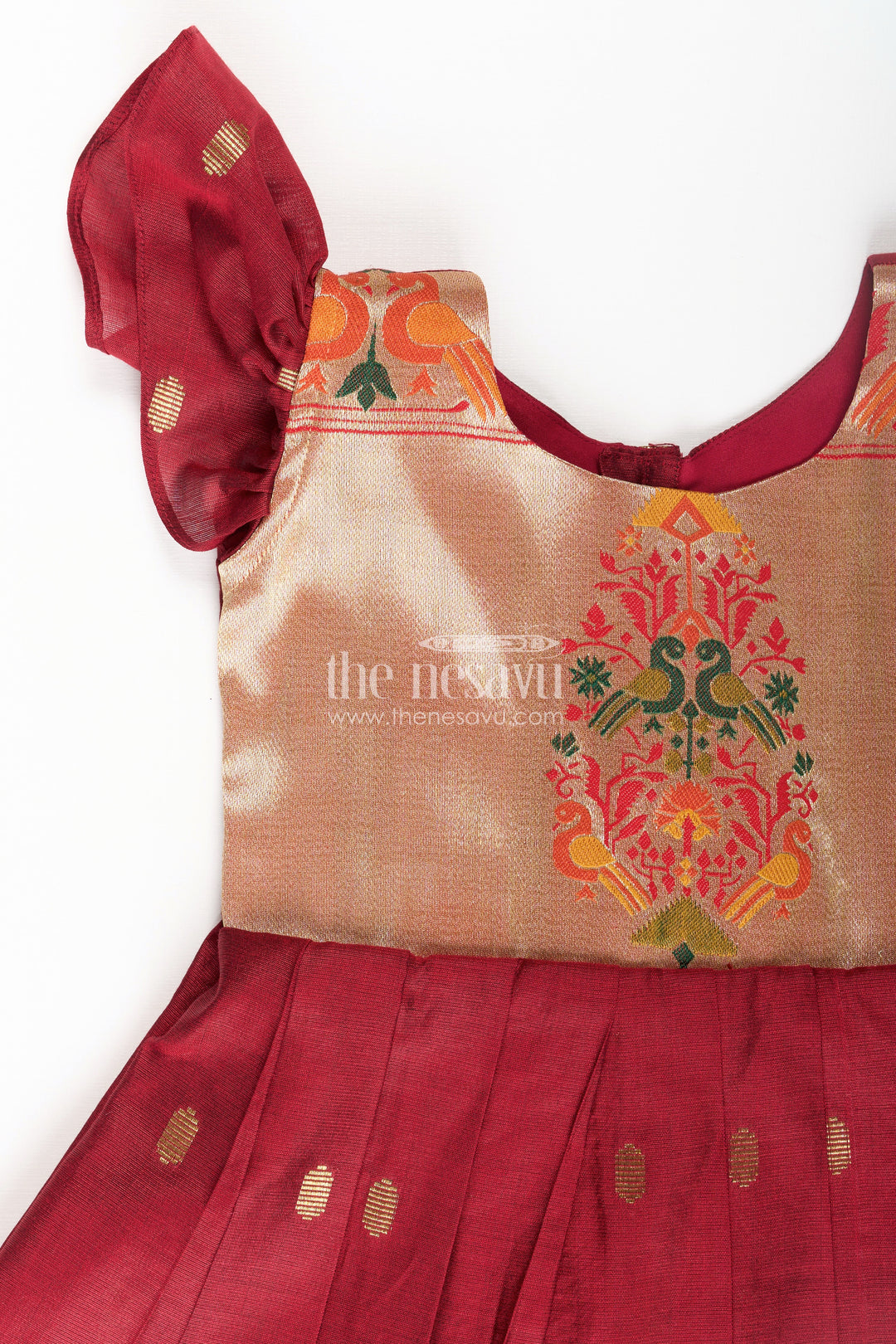 Frocks Silk Dress for Girls in Maroon Chanderi with Embellished Yoke and Paithani Border Details