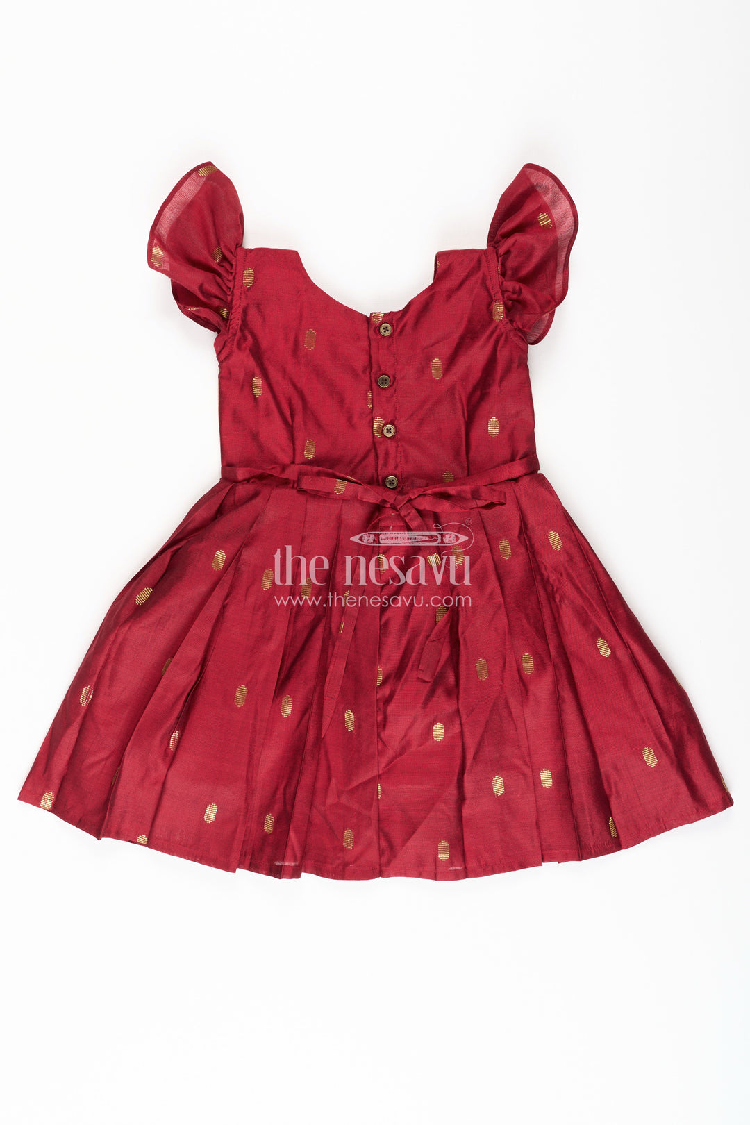 Frocks Silk Dress for Girls in Maroon Chanderi with Embellished Yoke and Paithani Border Details