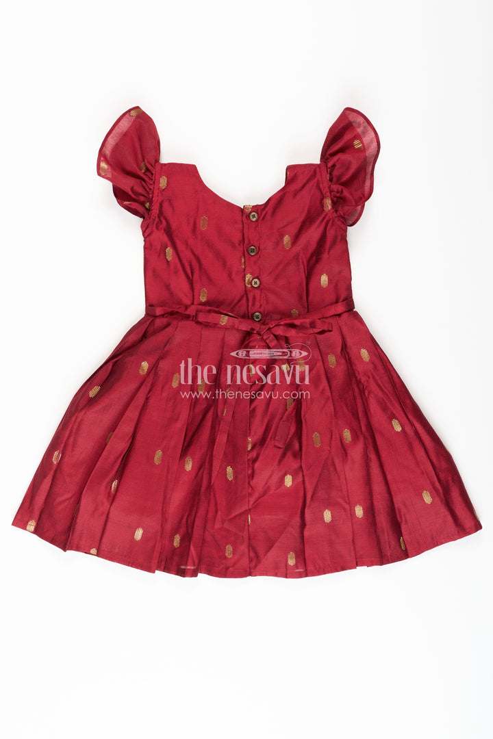 Frocks Silk Dress for Girls in Maroon Chanderi with Embellished Yoke and Paithani Border Details
