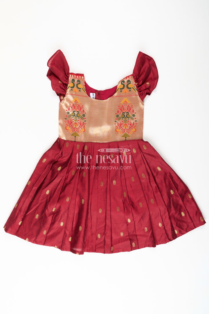 Dress Silk Frock for Girls in Rich Maroon Chanderi with Festive Paithani Embellished Yoke