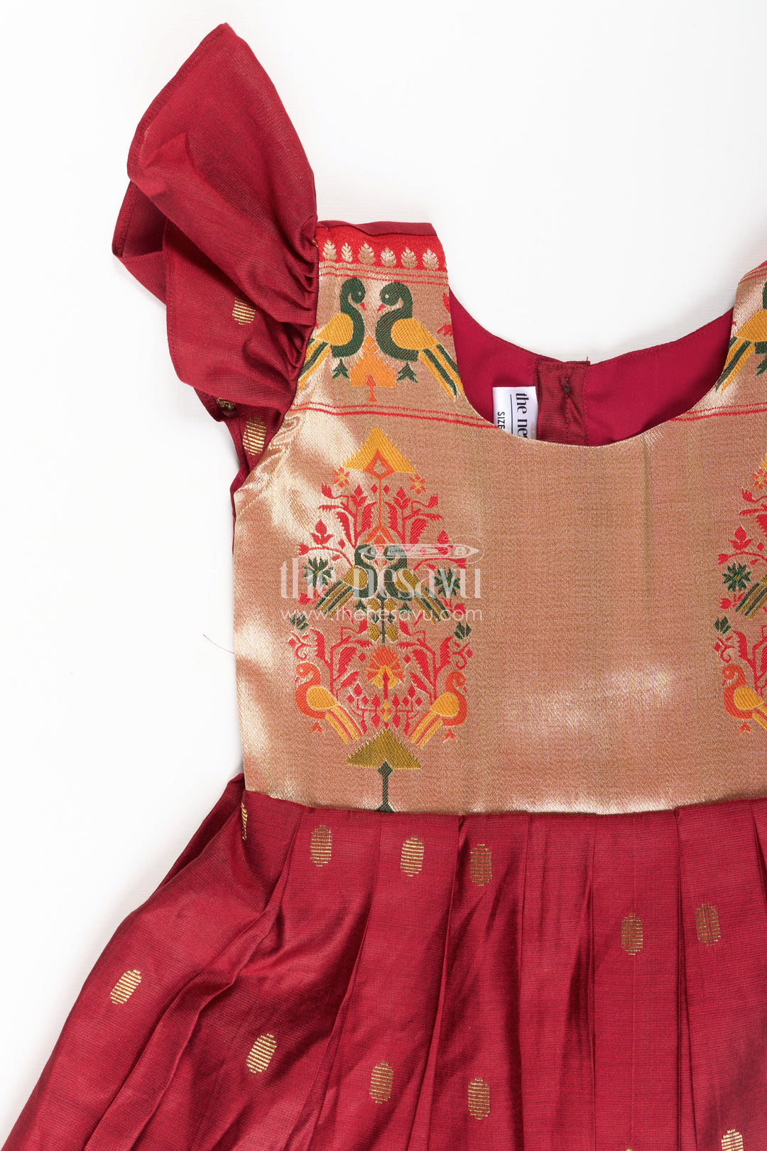Dress Silk Frock for Girls in Rich Maroon Chanderi with Festive Paithani Embellished Yoke
