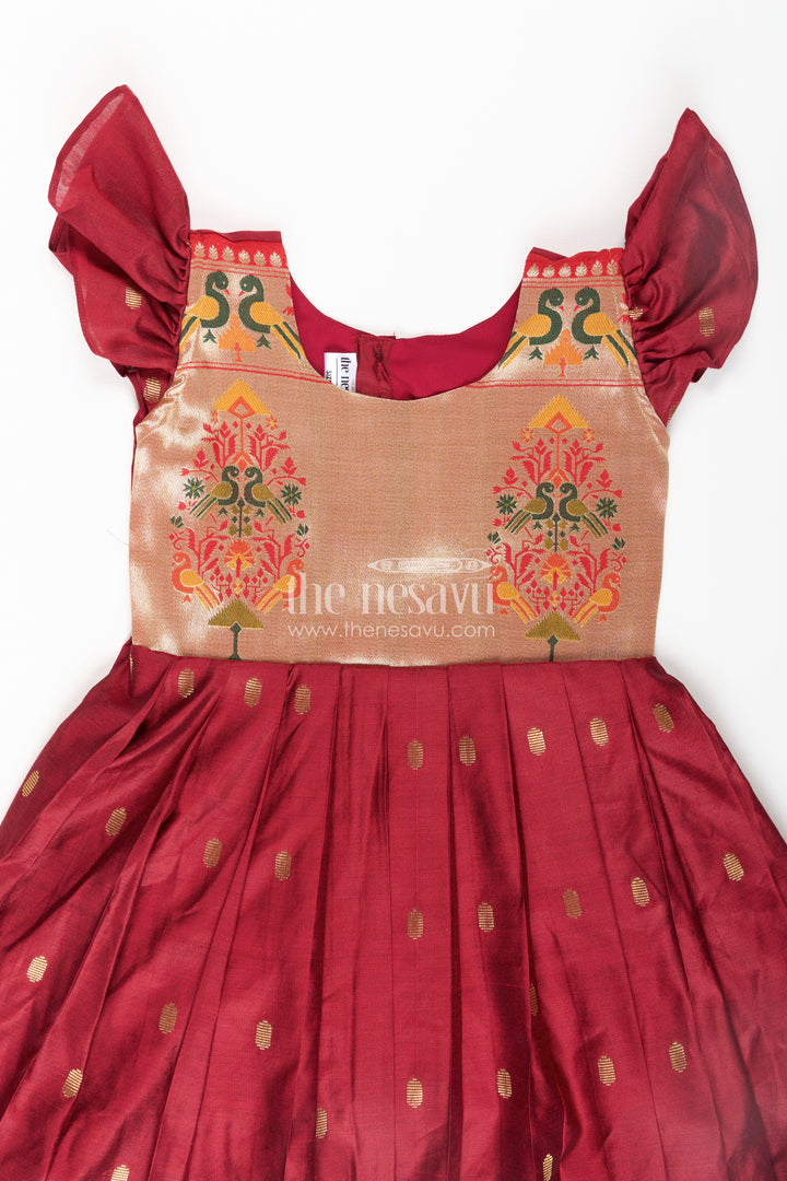 Dress Silk Frock for Girls in Rich Maroon Chanderi with Festive Paithani Embellished Yoke