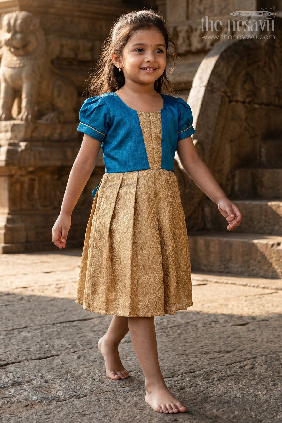 Silk Dresses for Girls in Blue and Gold with Raw Silk Bodice and Tissue Silk Flared Skirt