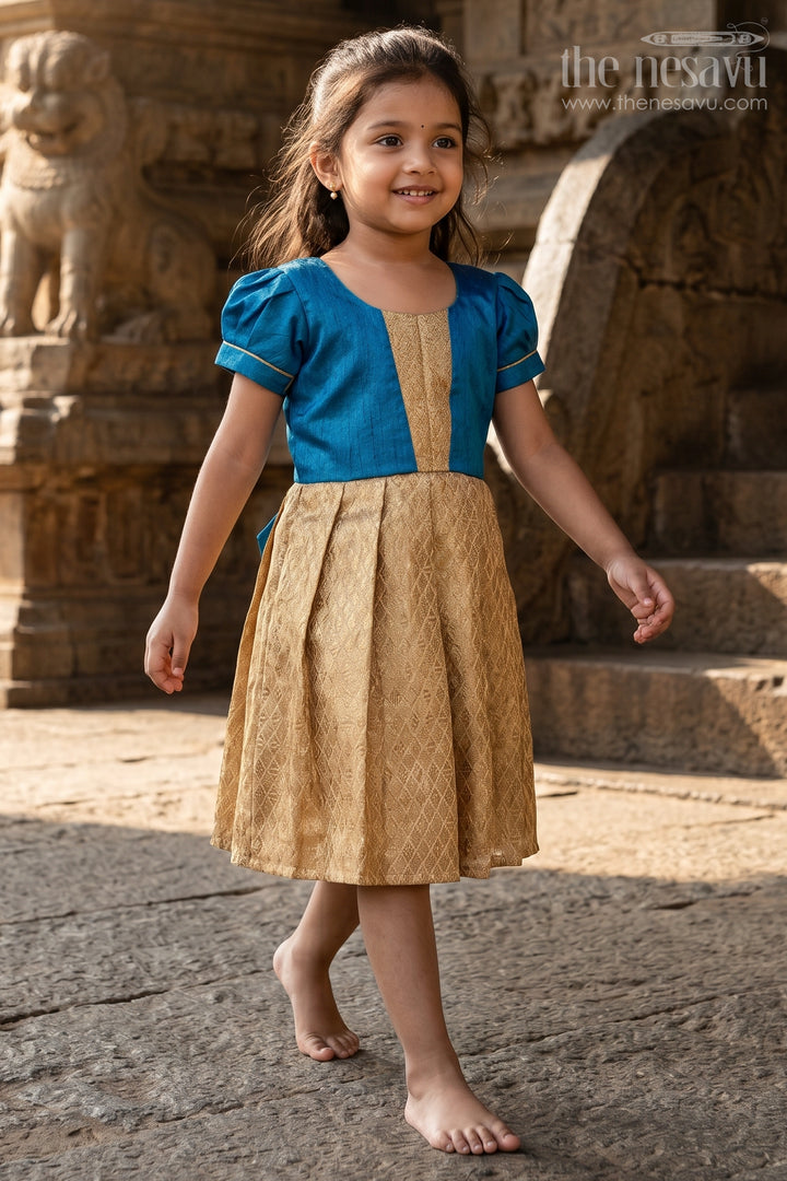 Silk Dresses for Girls in Blue and Gold with Raw Silk Bodice and Tissue Silk Flared Skirt