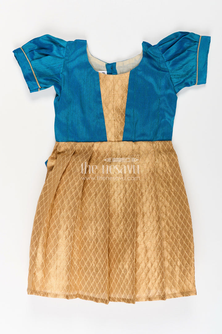 Silk Dresses for Girls in Blue and Gold with Raw Silk Bodice and Tissue Silk Flared Skirt