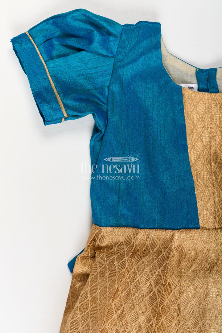 Silk Dresses for Girls in Blue and Gold with Raw Silk Bodice and Tissue Silk Flared Skirt