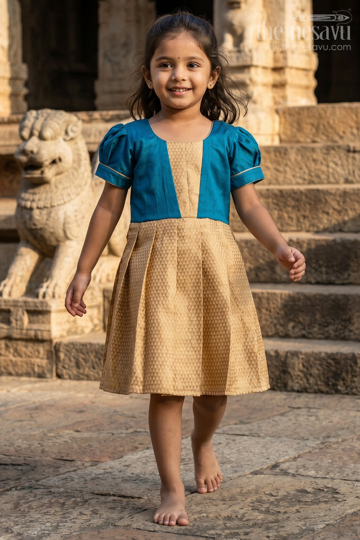 Silk Dres for Girls with Blue Raw Silk Top and Golden Tissue Silk Skirt for Elegant Festive Look