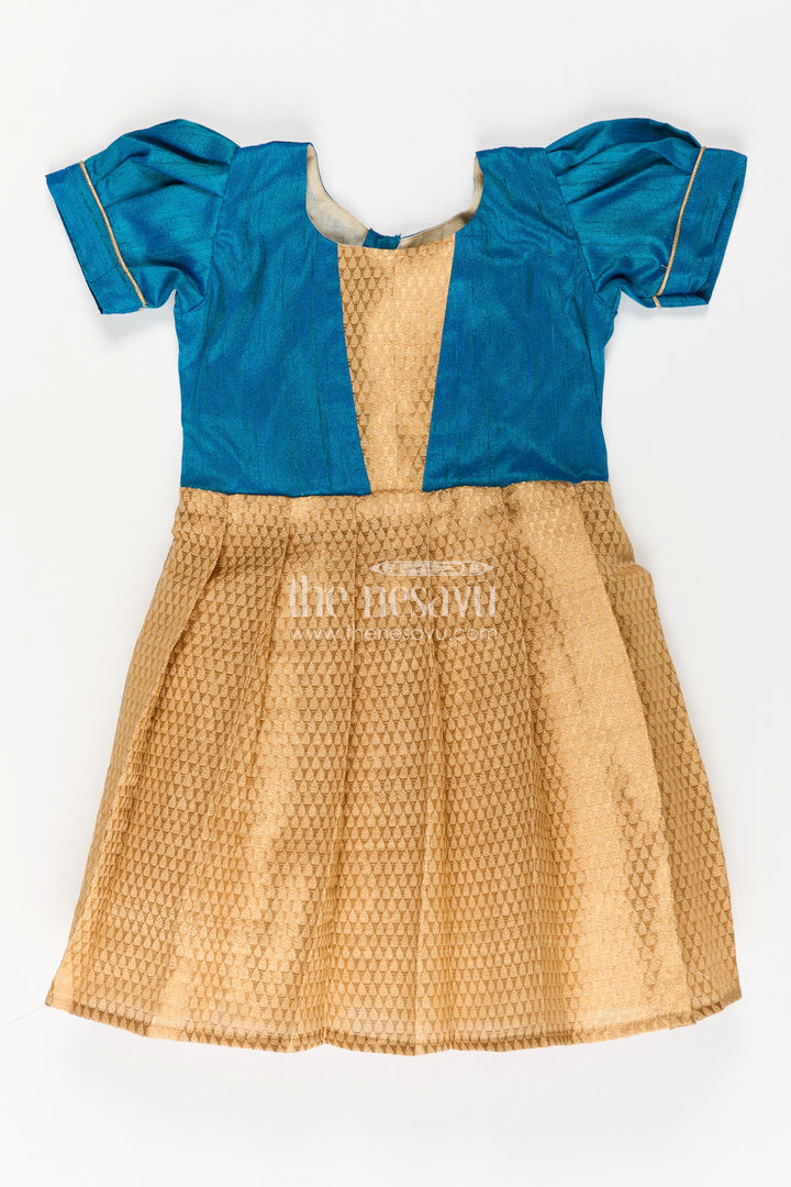 Silk Dres for Girls with Blue Raw Silk Top and Golden Tissue Silk Skirt for Elegant Festive Look