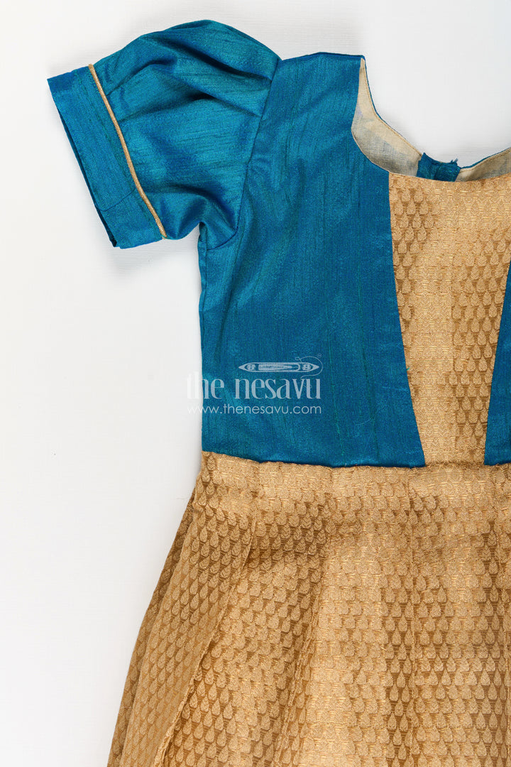 Silk Dres for Girls with Blue Raw Silk Top and Golden Tissue Silk Skirt for Elegant Festive Look