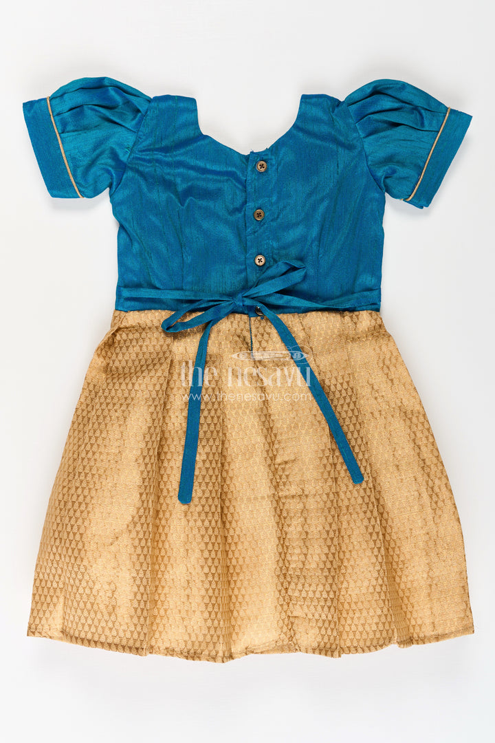 Silk Dres for Girls with Blue Raw Silk Top and Golden Tissue Silk Skirt for Elegant Festive Look