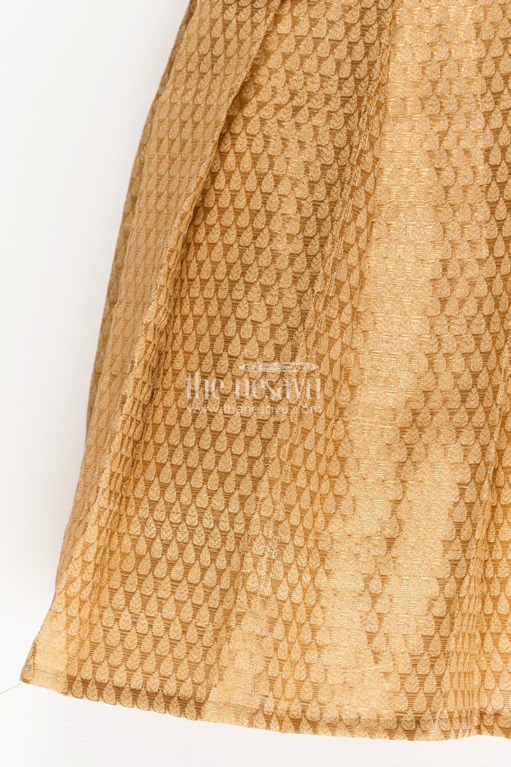Silk Dres for Girls with Blue Raw Silk Top and Golden Tissue Silk Skirt for Elegant Festive Look