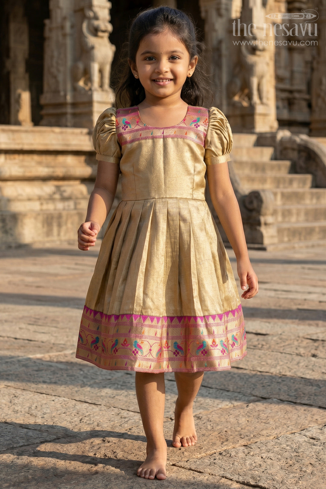 Pattu Pavadai Designs for Girls in Tissue Silk with Bright Paithani Border and Puff Sleeves