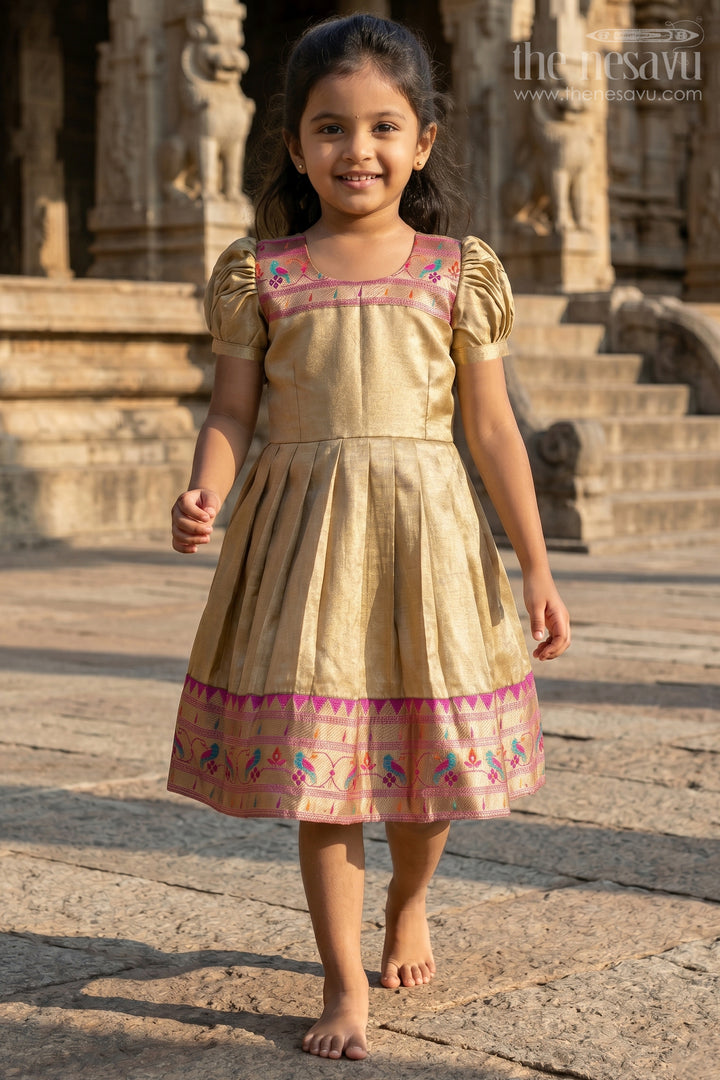 Pattu Pavadai Designs for Girls in Tissue Silk with Bright Paithani Border and Puff Sleeves