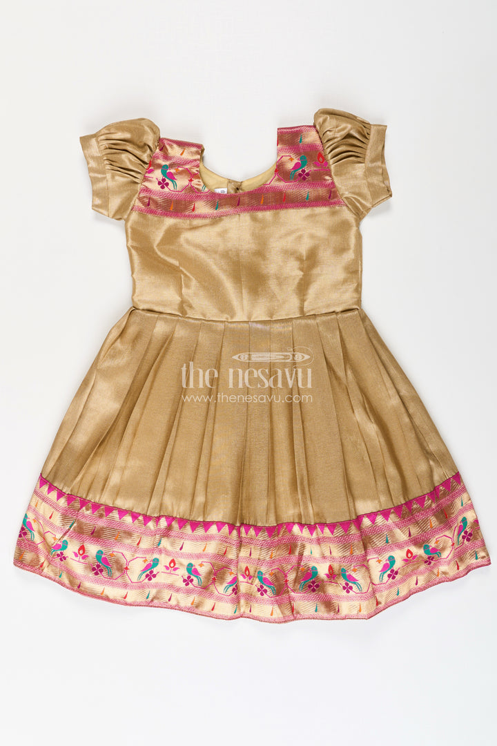 Pattu Pavadai Designs for Girls in Tissue Silk with Bright Paithani Border and Puff Sleeves
