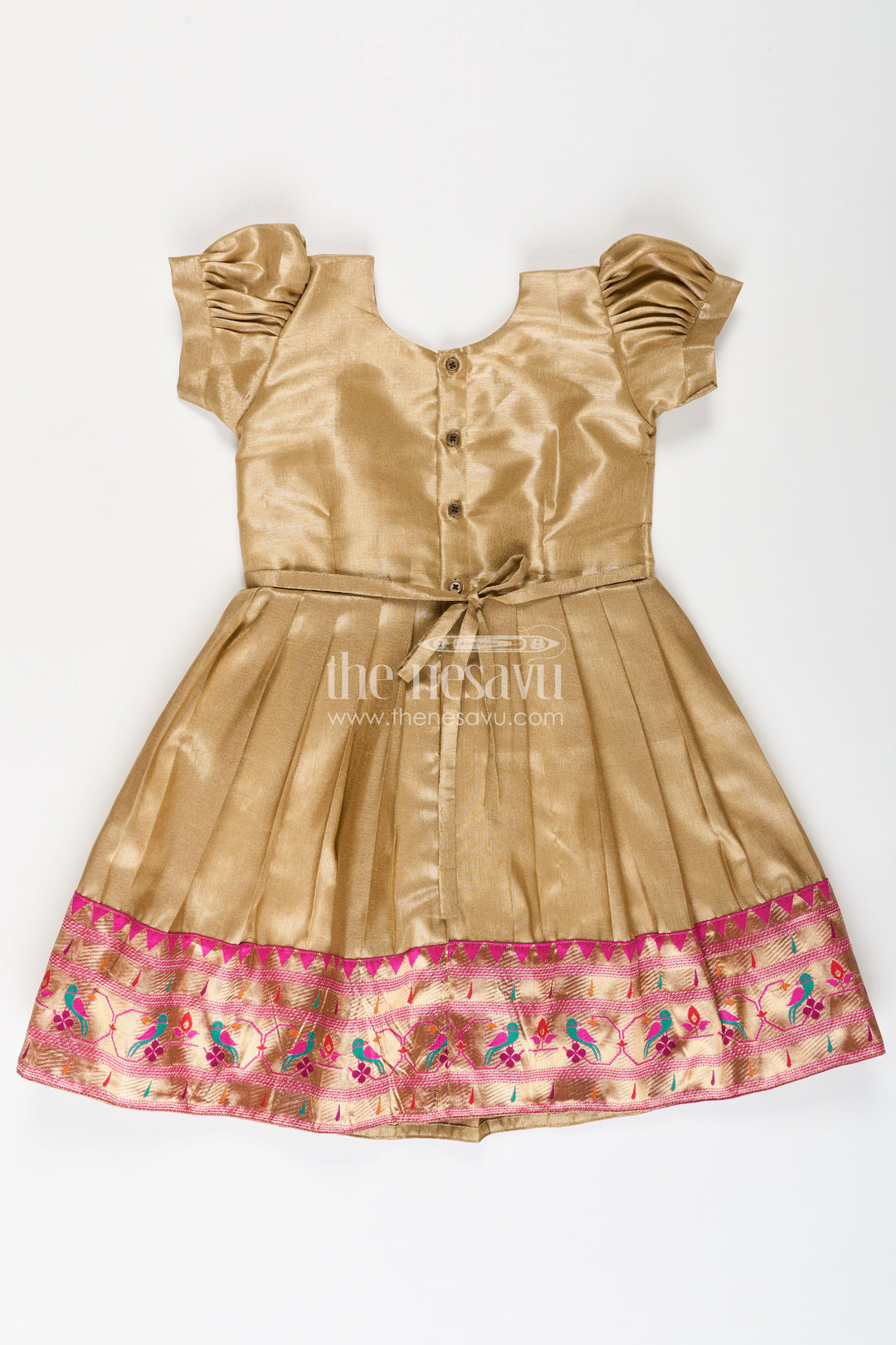 Pattu Pavadai Designs for Girls in Tissue Silk with Bright Paithani Border and Puff Sleeves