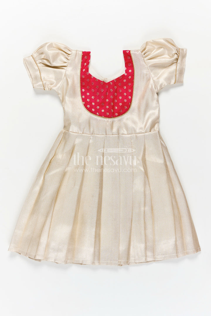 Silk Frocks Baby in Cream Tissue Silk with Magenta Embellished Yoke and Classic Pleated Skirt