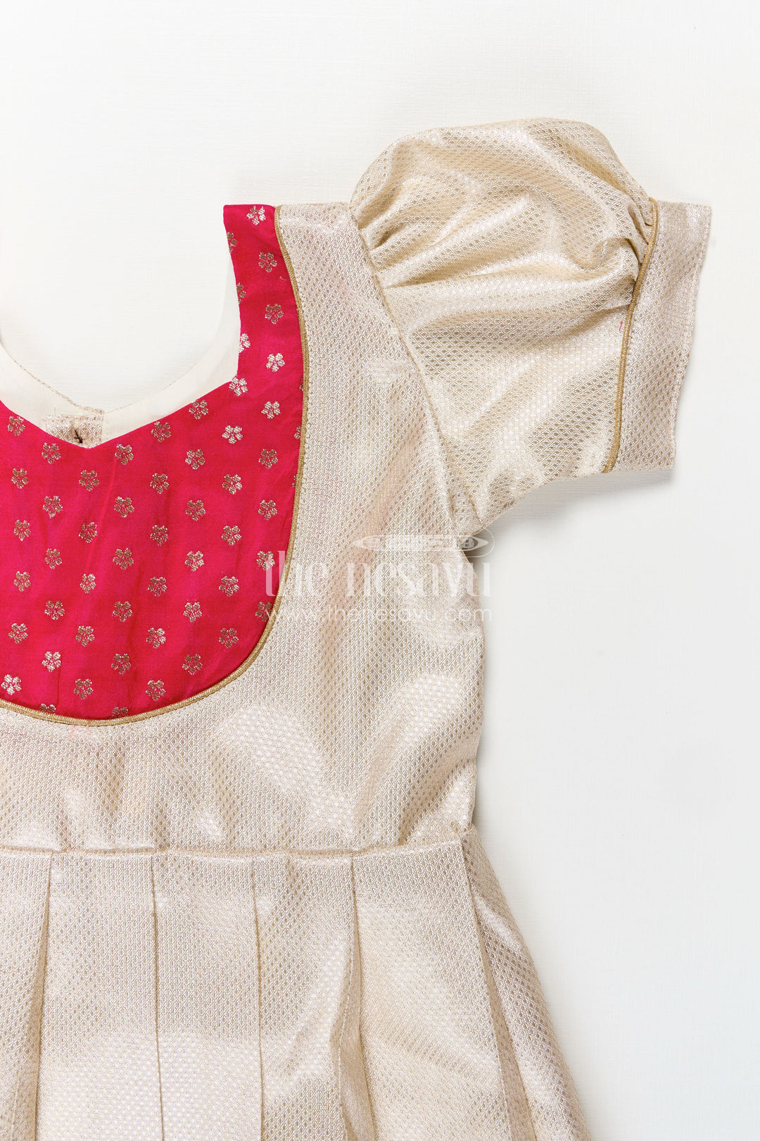 Silk Frocks Baby in Cream Tissue Silk with Magenta Embellished Yoke and Classic Pleated Skirt