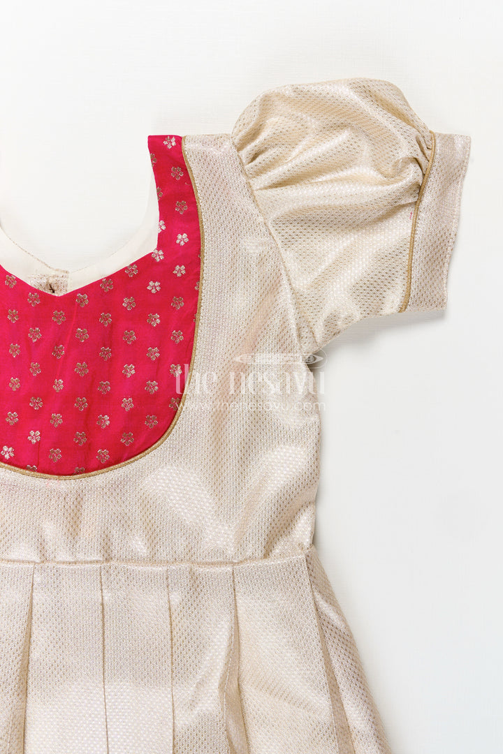 Silk Frocks Baby in Cream Tissue Silk with Magenta Embellished Yoke and Classic Pleated Skirt
