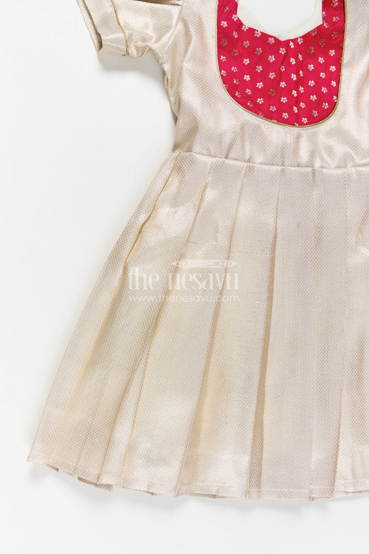 Silk Frocks Baby in Cream Tissue Silk with Magenta Embellished Yoke and Classic Pleated Skirt