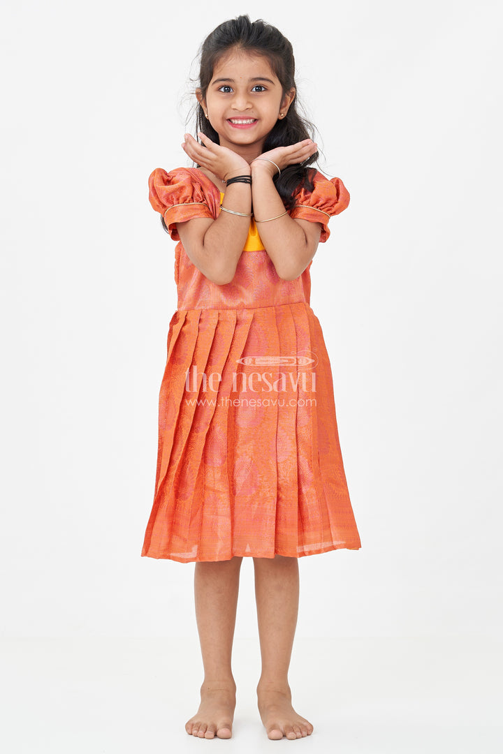 Girls Semi Silk Pure Silk Frock in Orange with Yellow Yoke and Brocade Pleated Skirt
