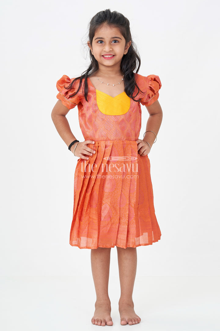 Girls Semi Silk Pure Silk Frock in Orange with Yellow Yoke and Brocade Pleated Skirt