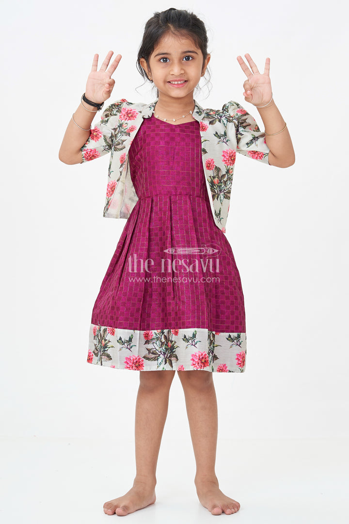 Girls Violet Frock in Silk Cotton with Floral Chanderi Overcoat and Contrasting Skirt Borders