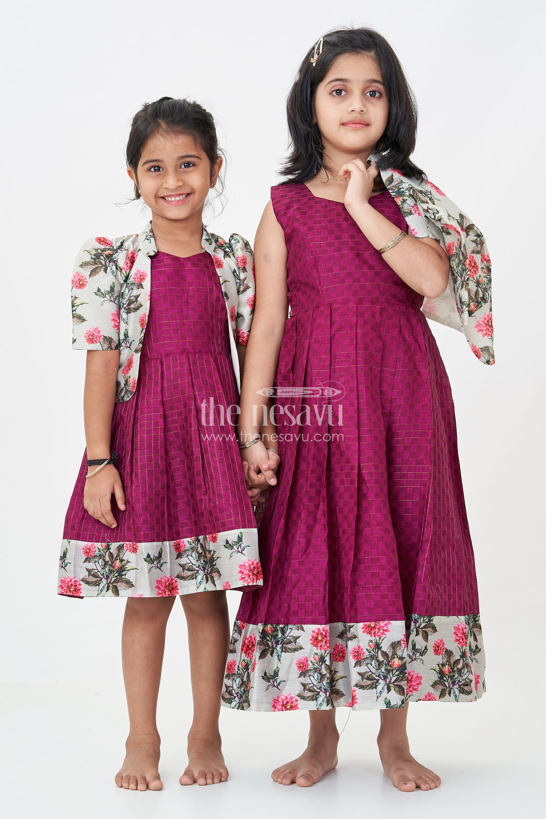 Girls Violet Frock in Silk Cotton with Floral Chanderi Overcoat and Contrasting Skirt Borders