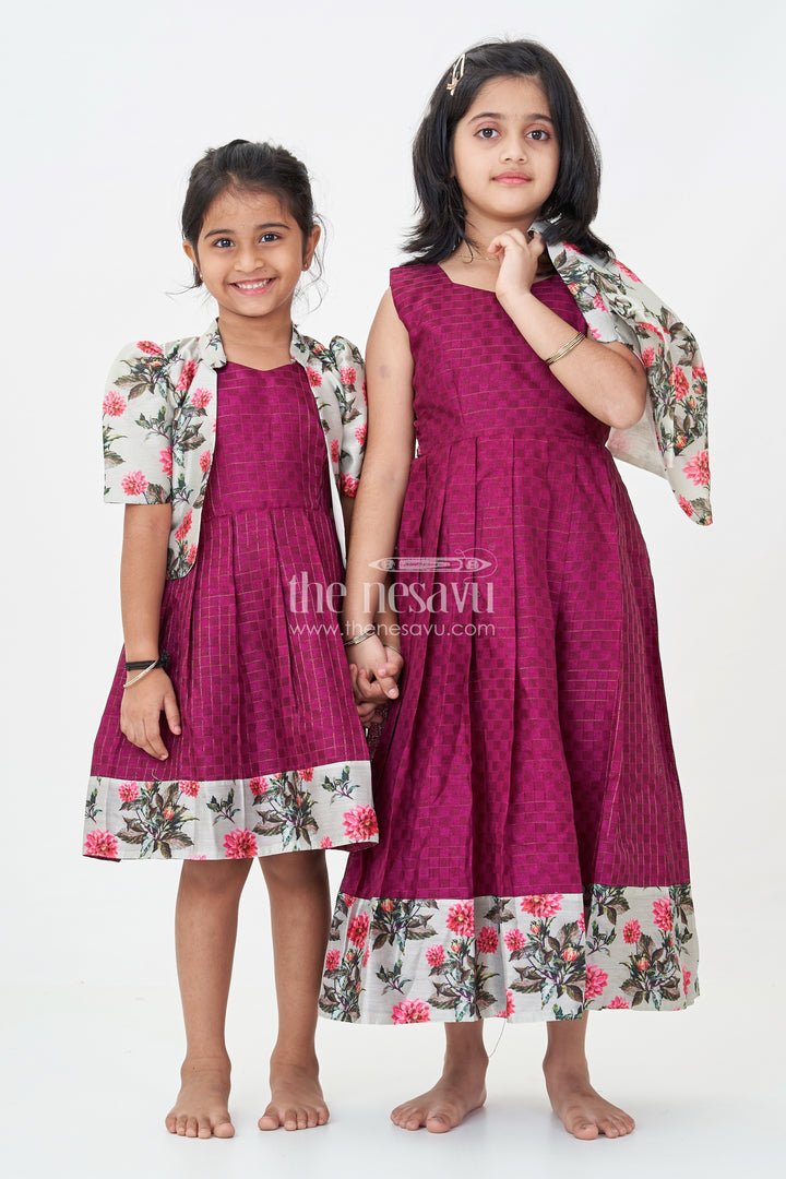 Girls Violet Frock in Silk Cotton with Floral Chanderi Overcoat and Contrasting Skirt Borders