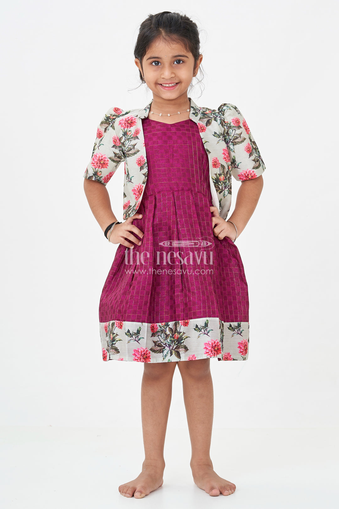 Girls Violet Frock in Silk Cotton with Floral Chanderi Overcoat and Contrasting Skirt Borders