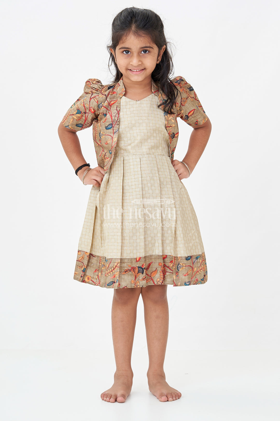 Girls Silk Cotton Frock with Frills and Printed Chanderi Overcoat in Earthy Beige and Multicolor Accents