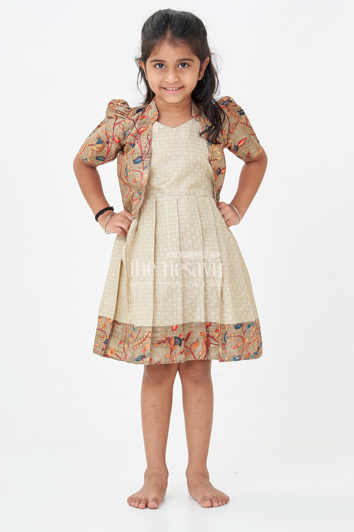Girls Silk Cotton Frock with Frills and Printed Chanderi Overcoat in Earthy Beige and Multicolor Accents